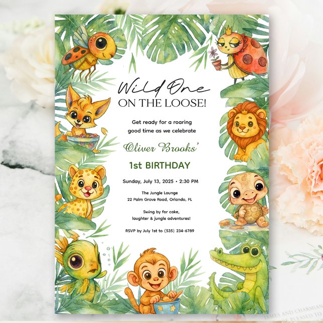 Vilding på lösa! | Pojke 1-års födelsedagsinbjudan Inbjudningar (Wild One Jungle Safari Boy 1st Birthday Invite)