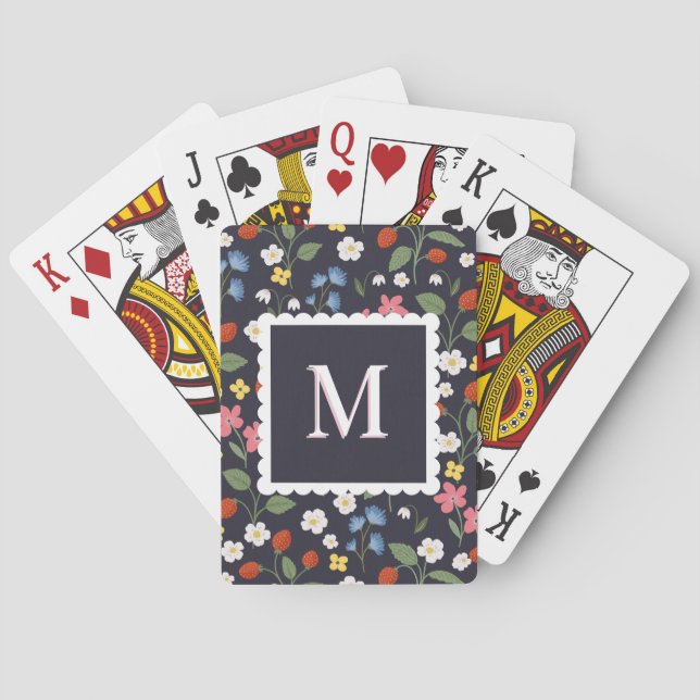 vildjordgubbsmönstrad monogrammad marin casinokort (Baksidan)