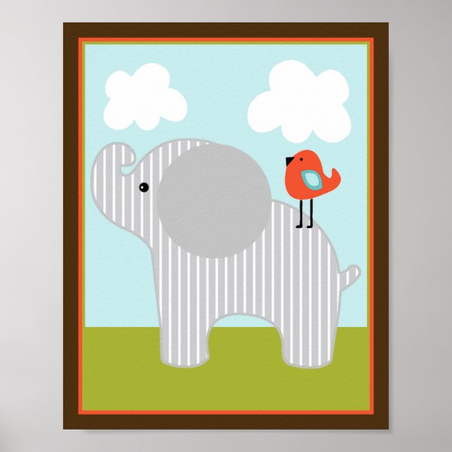 Vildlevande djur Elephant med fågelkonst Poster (Framsidan)