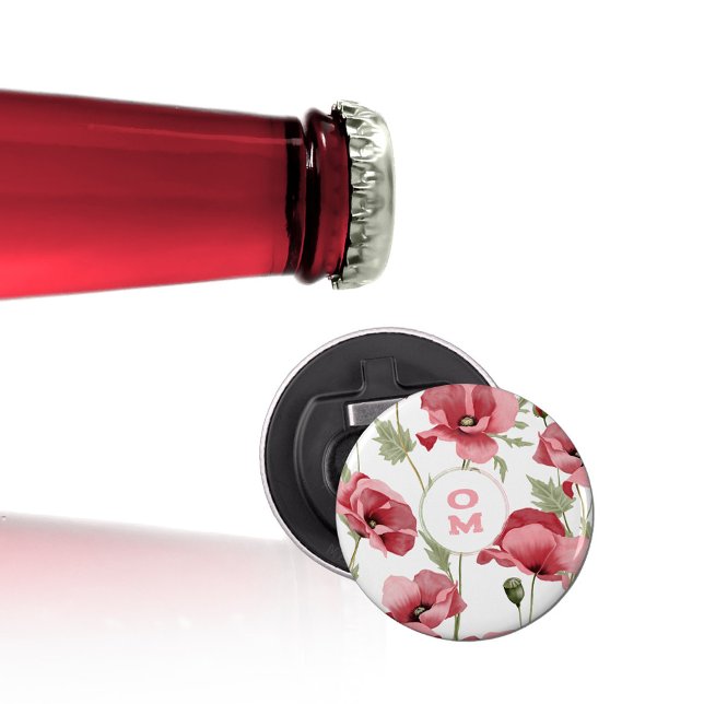 Vildmonogram Rosa Vallmo Flasköppnare (Wildflower Monogram Pink Poppy Bottle Opener ©Susanne Sachers - Sunny Mind Design 🌞)