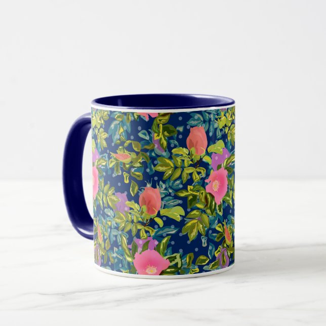 Vildros, blå bakgrund, vildros, rosor, rosa mugg (Framsida vänster)