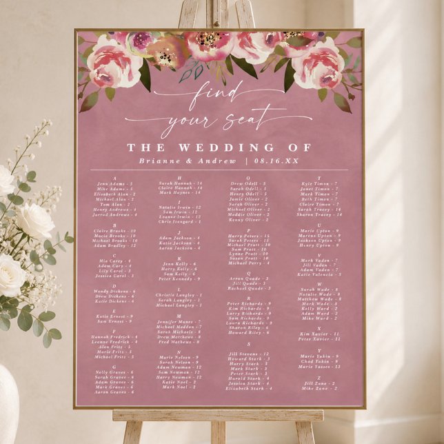 Vildros Rosa Alfabetisk Bröllopsställning Poster (Elegant wild rose pink floral alphabetical wedding seating chart)