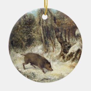 Vildsvin i snön som undertecknas som Courbet Julgransprydnad Keramik