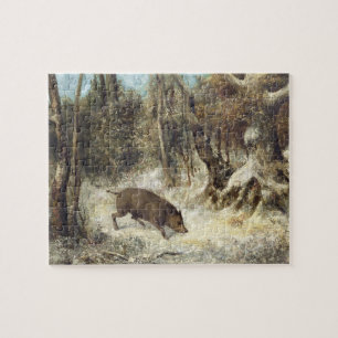 Vildsvin i snön som undertecknas som Courbet Pussel