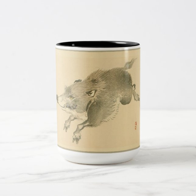 Vildsvin (japansk konst) (av Kono Bairei) Två-Tonad Mugg (Center)