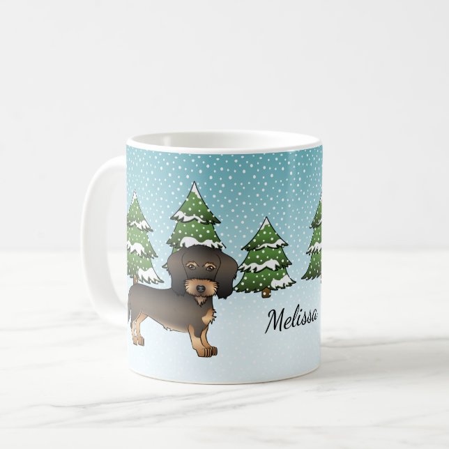 Vildsvinstråhårig Dachshund Hund Vinter Skog Kaffemugg (Framsida vänster)
