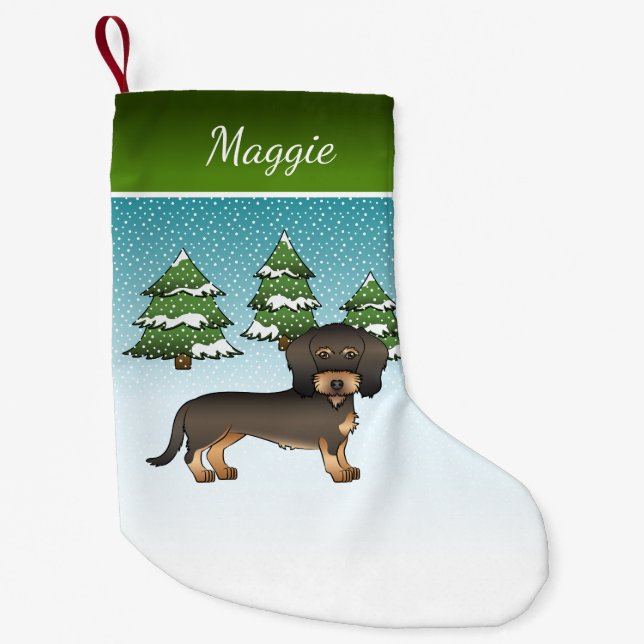 Vildsvinstråhårig Dachshund Hund Vinter Skog Liten Julstrumpa (Framsidan)
