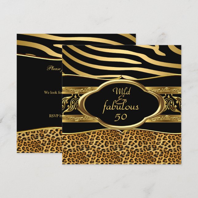 Vildt fantastisk zebra leopard svart guld födelsed inbjudningar (Fram/baksida)