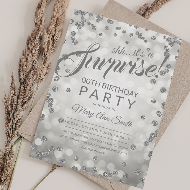Vilken ålder som helst, överraskande Party | Silve Inbjudningar (Any Age Surprise Party | Silver Glitter Confetti Invitation)