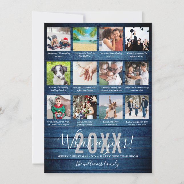 Vilken Ett År 12 Foto Collage Texter Blue Wood  Julkort (Framsida)