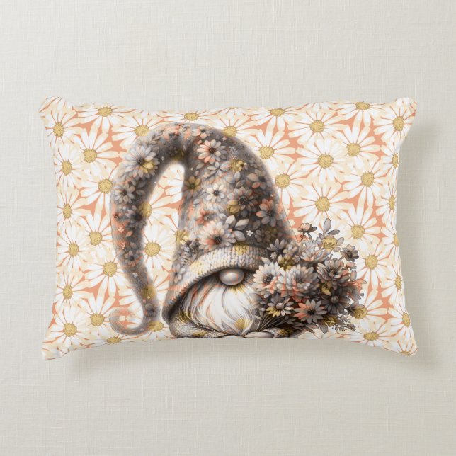Vilken Peach Fuzz Gnome med Flower Bouquet? Prydnadskudde (Framsidan)