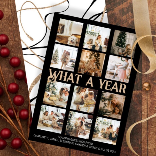Vilken Personlig för fotoutjuren i år Julkort (What a Year Photo Christmas Personalized Holiday Card by Ricaso. Add 12 photographs, make your own.)