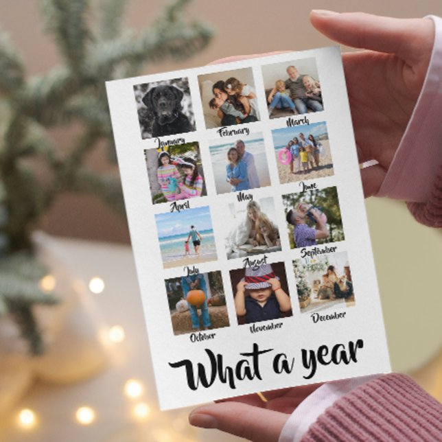 Vilken Personlig för fotoutjuren i år Julkort (What a year - 12 photo template Christmas card from Ricaso. Make your own photo cards easily. )
