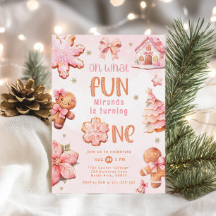 Vilken Roligt rosa jul jul 1:a födelsedag Inbjudningar