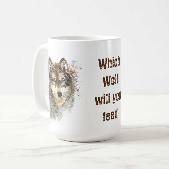 "Vilken varg ska du mata"  av inspirationell Varg Kaffemugg (Framsida vänster)