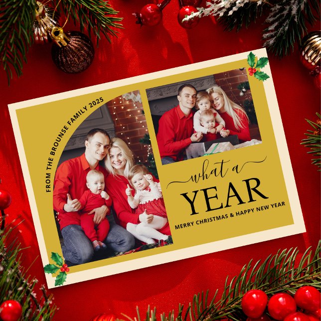 Vilket år för multifoto-kollage jul Holly Kort ( christmas cards modern photo collage picture what a year year in review year full of memories)