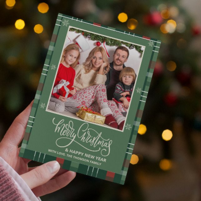 Vilket år i granskningsplanen för God jul Kort (buffalo plaid christmas cards gingham rustic typography green check rustic farmhouse gingham country)