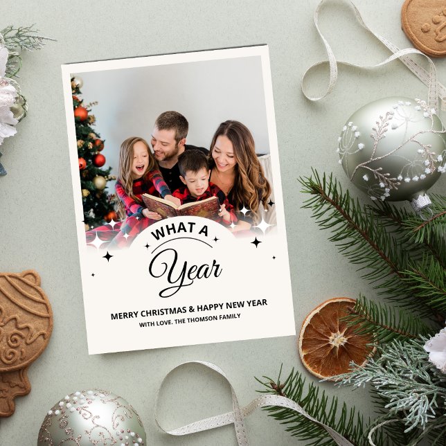 Vilket år i recensionen av multifoto Modern jul Kort (year in review what a year photo collage simple holiday photo minimalist christmas picture black )