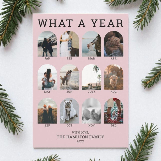 Vilket år Rosa Modern Photo Collage jul Julkort (What a Year Pink Modern Photo Collage Christmas Holiday Card)