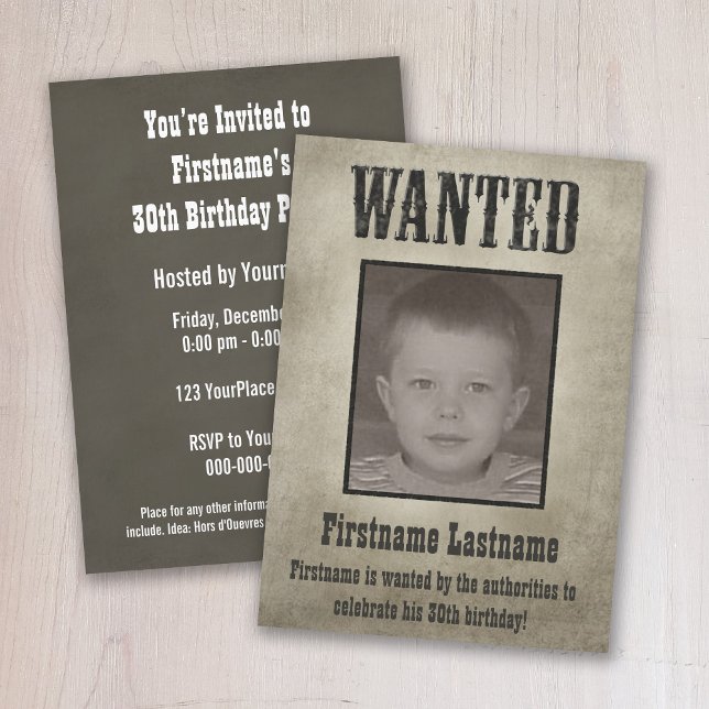 VILKET Poster roligt födelsedag Inbjudningar (A wild west theme birthday party invitation with a wanted poster for the invitation.)