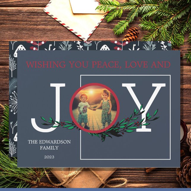 Vill att du ska få fredens Kärlek Joy-fotojulkort (Wishing you peace love and joy photo Christmas card.)