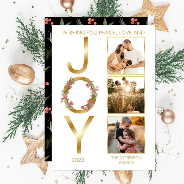 Vill du ha fred Kärlek och Joy 3 Photo jul Julkort (Faux gold foil "Wishing You Peace, Love and JOY" Christmas Holiday Three-Photo Card--downloadable)