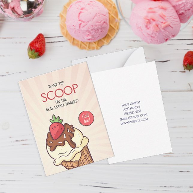 Vill du ha Scoop Ice Cream-programmet efter Anteckningskort (Personalized Want The Scoop Real Estate Marketing Pop By Cards)