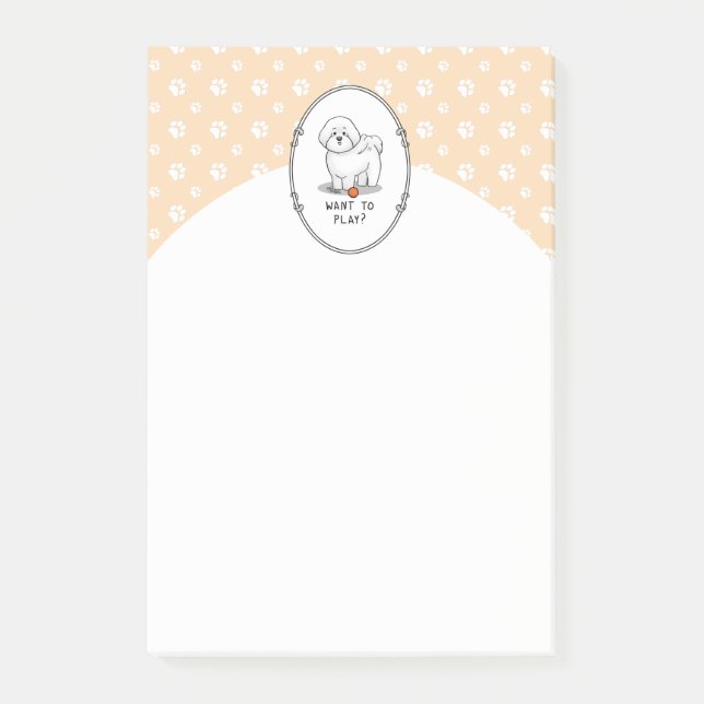 Vill du spela? Bichon Frise Hund med Boll - Cute Post-it Block (Framsida)