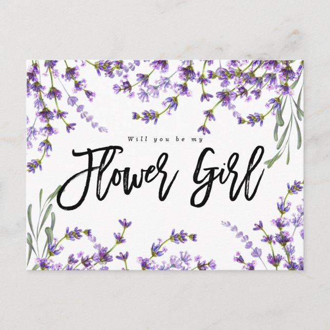 vill du vara min blomsterflicka boho lavendel blom meddelande vykort (Framsida)
