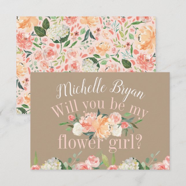 Vill du vara min blomsterflicka vårbrud floral tan inbjudningar (Fram/baksida)