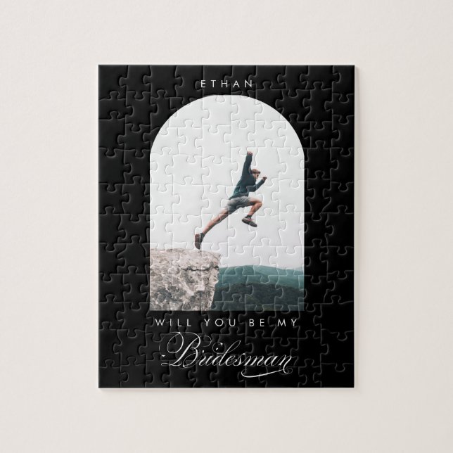 Vill du vara min Bridesman Minimal Foto Modern Båg Pussel (Vertikal)