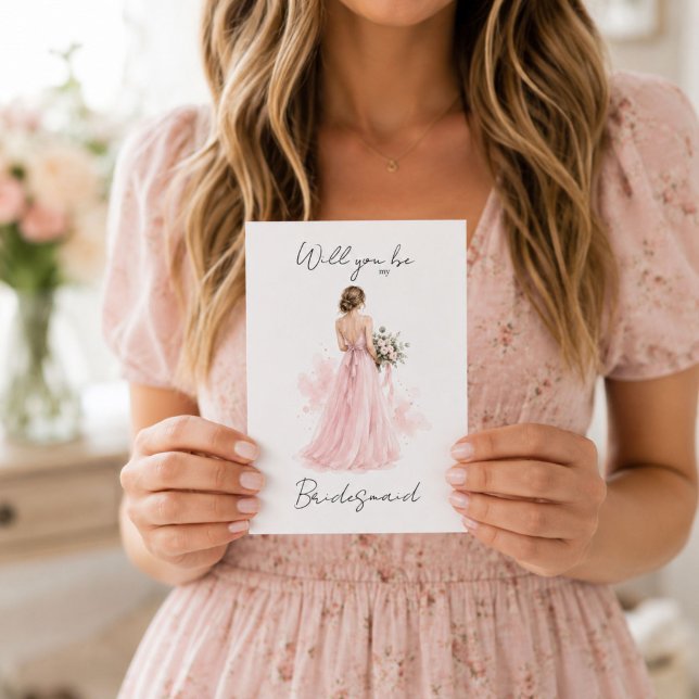 Vill du vara min brudtjänsteblushing rosa förfrågn kort (Elegant "Will You Be My Bridesmaid" greeting card featuring a graceful blush pink watercolor. )