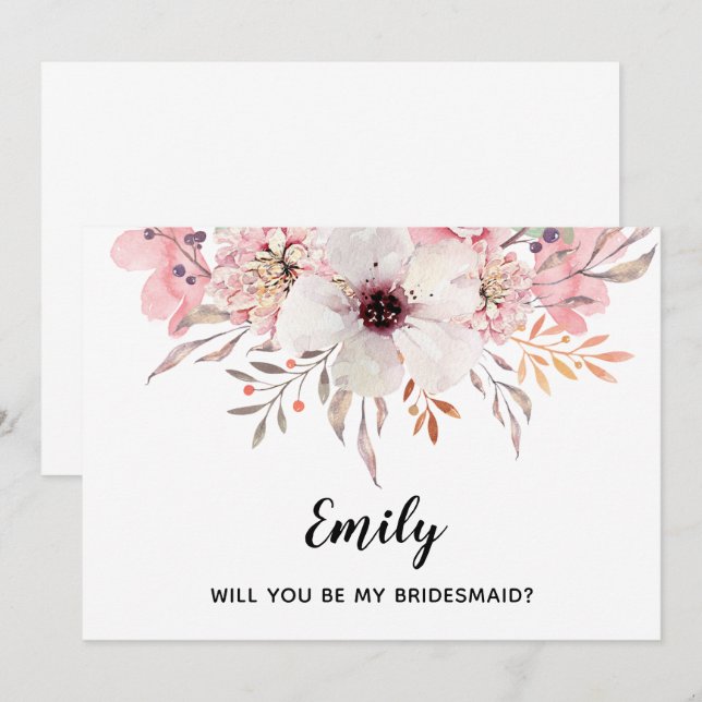 Vill du vara min brudtjänsteflicka? Vattenfärg blo Inbjudningar (Fram/baksida)