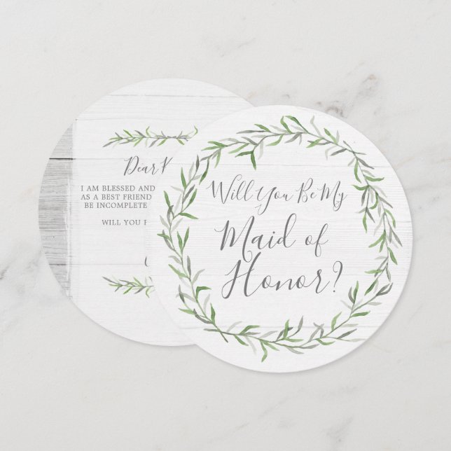 Vill du vara min brudtjänsteman Rustik trä & krans Inbjudningar (Fram/baksida)