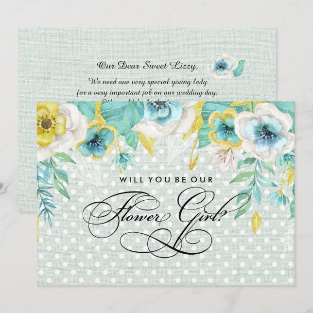 Vill du vara vår blomsterflicka? Mint Floral Burla Inbjudningar (Fram/baksida)