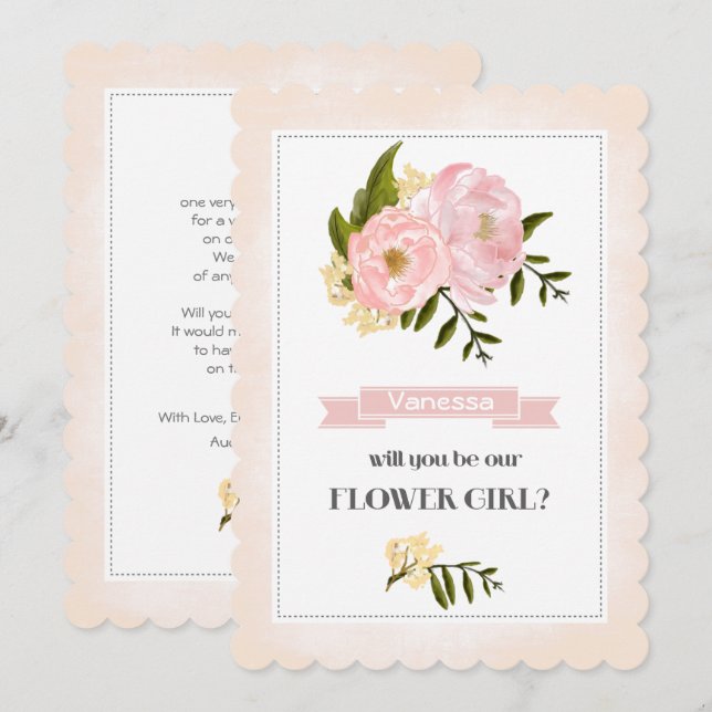 Vill du vara vår blomsterflicka? Rosabruna peonior Inbjudningar (Fram/baksida)