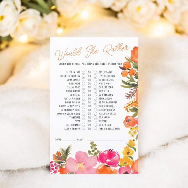 Vill hon hellre ha ett djärvt möhippa av orange? (Would she rather bold orange bridal shower game)