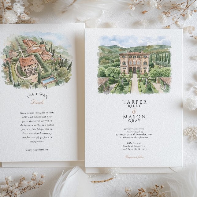 Villa Cetinale Tuscany Akvarell Bröllop Inbjudningar (Skapare uppladdad)