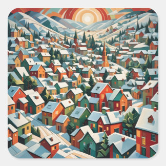 village d'hiver sous la neige vintage fyrkantigt klistermärke