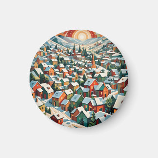 village d'hiver sous la neige vintage magnet