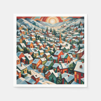 village d'hiver sous la neige vintage pappersservett