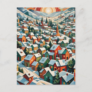 village d'hiver sous la neige vintage vykort
