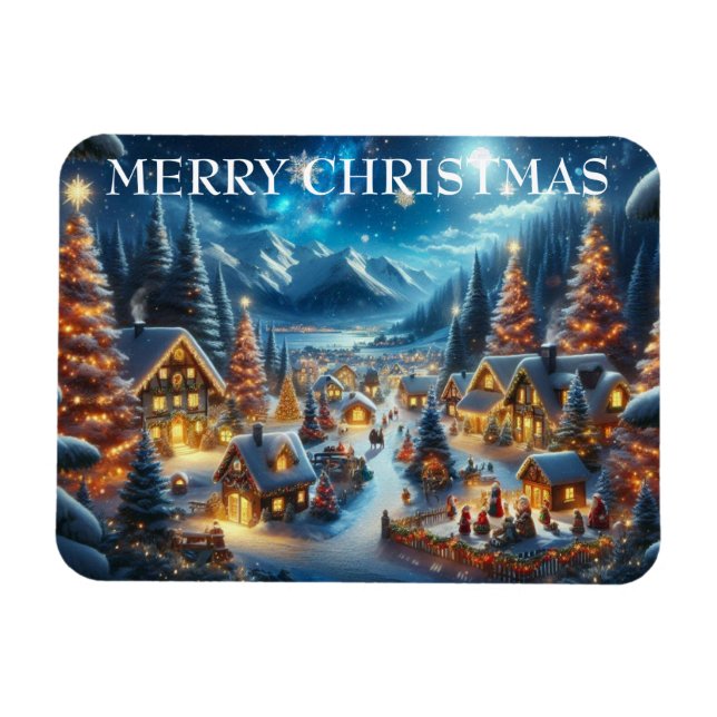 Village Snowy Scene målar jul Magnet (Horisontell)