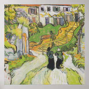 Village Street och Trappor i Auvers med Figurer Poster