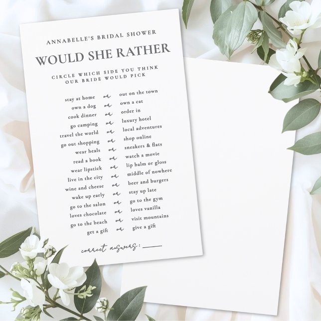 Ville hon hellre Brud Bröllopsduschspel (Would She Rather Bride Bridal Shower Game )