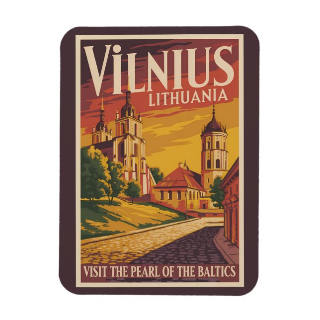 Vilnius Lithuania Illustration Travel Art Vintage Magnet (Vertikal)