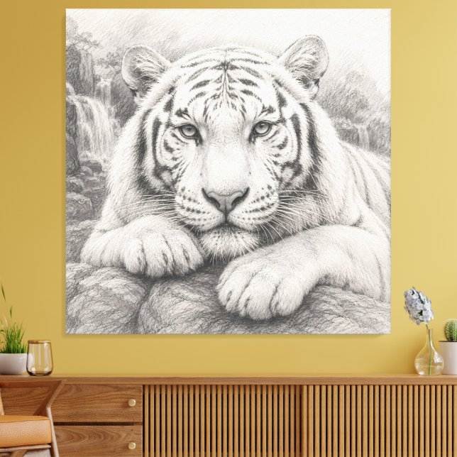 Viloande Vit Tiger Kolteckning | Majestätisk  Canvastryck (Insitu (Vardagsrum))