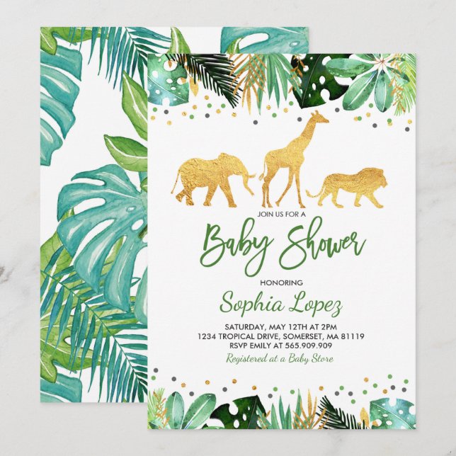 Viloljud för jungle Baby Shower - inbjudan Tropica (Fram/baksida)