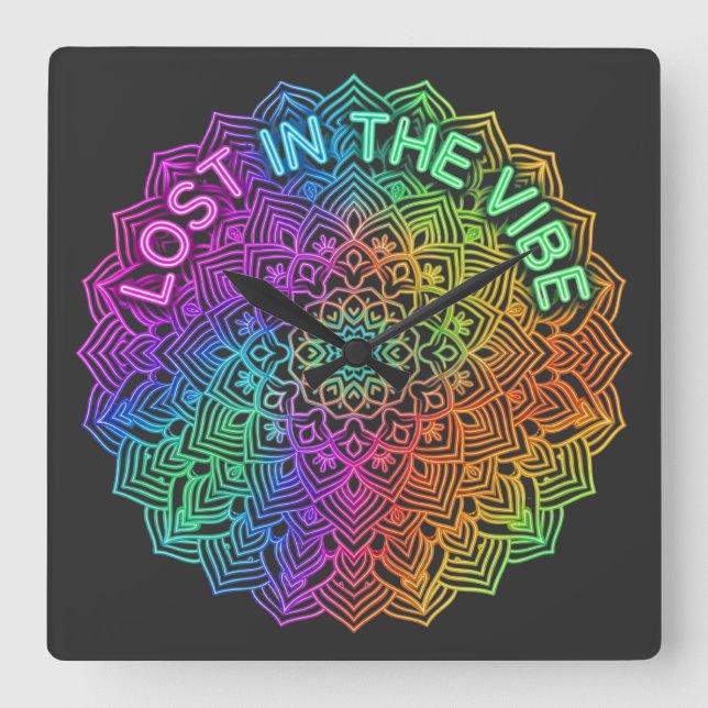 Vilse i Vibe Regnbåge Neon Mandala Grafik Fyrkantig Klocka (Framsida)