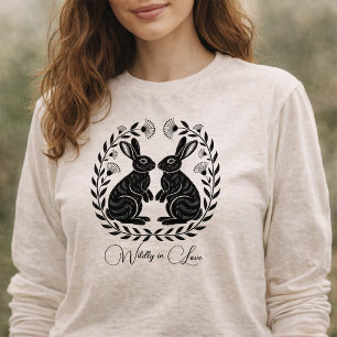 Vilt Förälskad Linoleumsnitt Kaniner Romantiska T Shirt